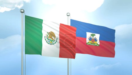 3D Flag of Mexico and Haiti on Blue Sky with Sun Shine