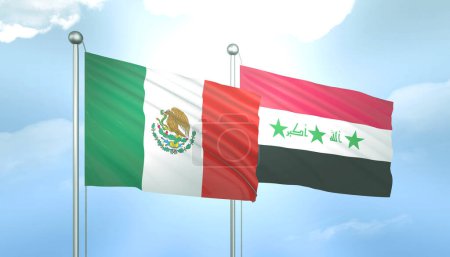 3D Flag of Mexico and Iraq on Blue Sky with Sun Shine