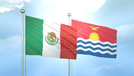 3D Flag of Mexico and Kiribati on Blue Sky with Sun Shine