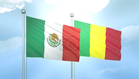Bandera 3D de México y Malí en Cielo Azul con Sol Brillante
