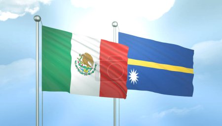 3D Flag of Mexico and Nauru on Blue Sky with Sun Shine