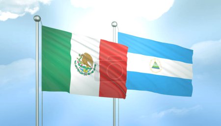 3D Flag of Mexico and Nicaragua on Blue Sky with Sun Shine