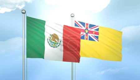 3D Flag of Mexico and Niue on Blue Sky with Sun Shine