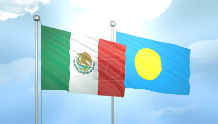3D Flagge von Mexiko und Palau auf blauem Himmel mit Sonnenschein