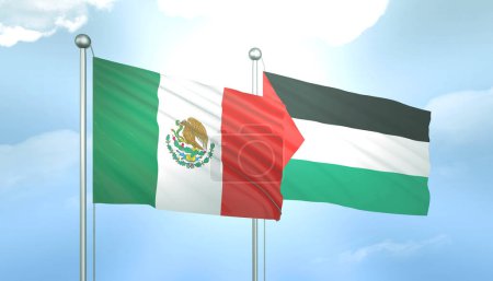 3D Flag of Mexico and Palestine on Blue Sky with Sun Shine
