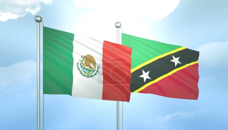 Foto de Bandera 3D de México y San Cristóbal y Nieves en Cielo Azul con Sol Brillante - Imagen libre de derechos