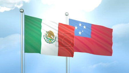3D Flag of Mexico and Samoa on Blue Sky with Sun Shine
