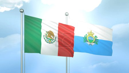 3D Flag of Mexico and San Marino on Blue Sky with Sun Shine