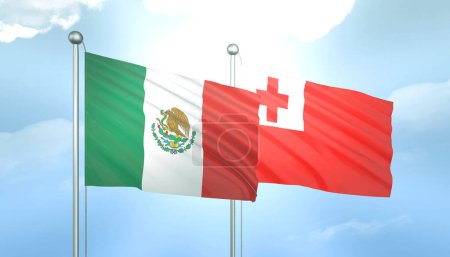 3D Flag of Mexico and Tonga on Blue Sky with Sun Shine