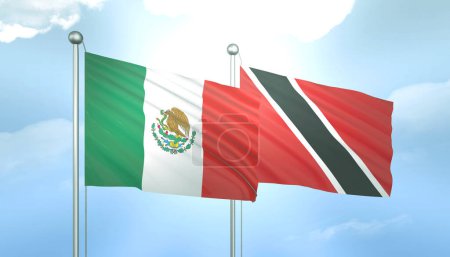 3D Flag of Mexico and Trinidad Tobago on Blue Sky with Sun Shine