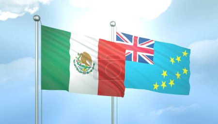 Bandera 3D de México y Tuvalu en Cielo Azul con Sol Brillante