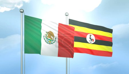 3D Flag of Mexico and Uganda on Blue Sky with Sun Shine