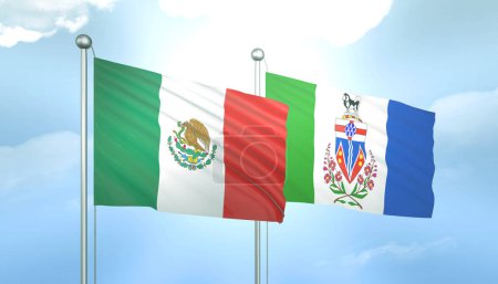 3D Flag of Mexico and Yukon on Blue Sky with Sun Shine