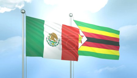 3D Flag of Mexico and Zimbabwe on Blue Sky with Sun Shine