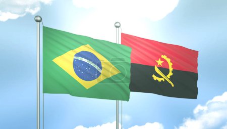 3D Flag of Brazil and Angola on Blue Sky with Sun Shine