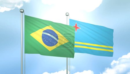3D Flag of Brazil and Aruba on Blue Sky with Sun Shine