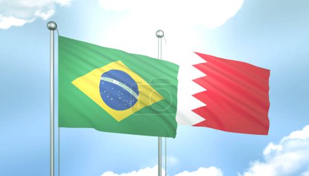 3D Flag of Brazil and Bahrain on Blue Sky with Sun Shine
