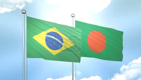 3D Flag of Brazil and Bangladesh on Blue Sky with Sun Shine