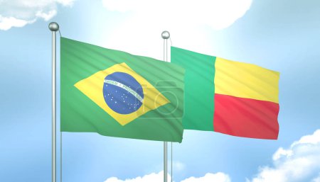 3D Flag of Brazil and Benin on Blue Sky with Sun Shine