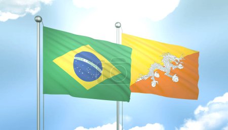 3D-Flagge von Brasilien und Bhutan am blauen Himmel mit Sonnenschein
