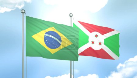 3D Flag of Brazil and Burundi on Blue Sky with Sun Shine