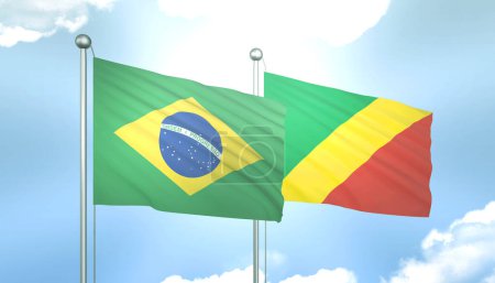 3D Flag of Brazil and Congo Republic on Blue Sky with Sun Shine