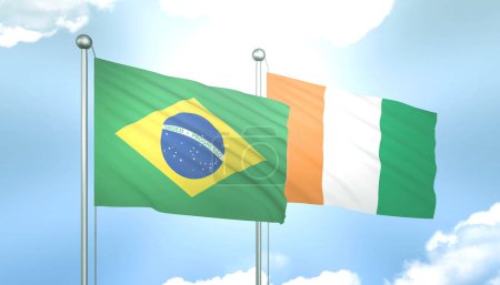 Bandera 3D de Brasil y Costa de Marfil en Cielo Azul con Sol Brillante
