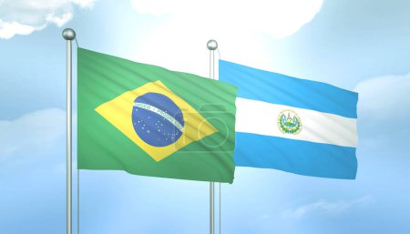 3D Flag of Brazil and El Salvador on Blue Sky with Sun Shine