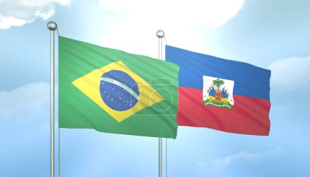 3D Flag of Brazil and Haiti on Blue Sky with Sun Shine
