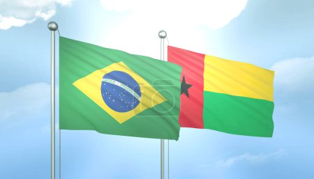 3D-Flagge von Brasilien und Guinea Bissau auf blauem Himmel mit Sonnenschein