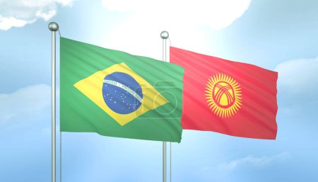 Bandera 3D de Brasil y Kirguistán en Cielo Azul con Sol Brillante