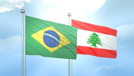 3D Flag of Brazil and Lebanon on Blue Sky with Sun Shine