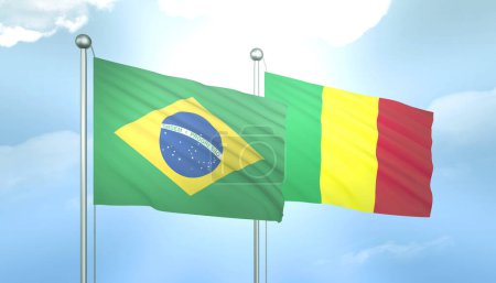 3D Flag of Brazil and Mali on Blue Sky with Sun Shine