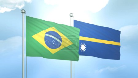3D Flag of Brazil and Nauru on Blue Sky with Sun Shine