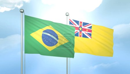 3D Flag of Brazil and Niue on Blue Sky with Sun Shine