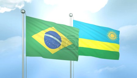 3D Flag of Brazil and Rwanda on Blue Sky with Sun Shine