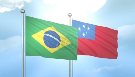 3D Flag of Brazil and Samoa on Blue Sky with Sun Shine