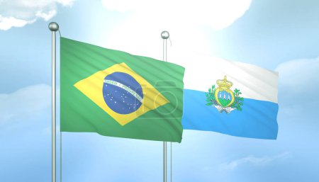 3D Flag of Brazil and San Marino on Blue Sky with Sun Shine