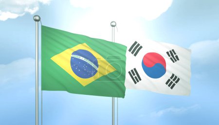 3D-Flagge von Brasilien und Südkorea auf blauem Himmel mit Sonnenschein
