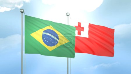 3D Flag of Brazil and Tonga on Blue Sky with Sun Shine