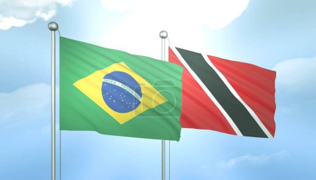 3D Flag of Brazil and Trinidad Tobago on Blue Sky with Sun Shine