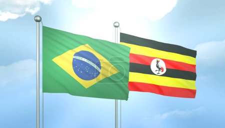 3D Flag of Brazil and Uganda on Blue Sky with Sun Shine