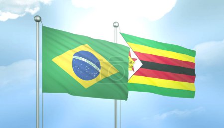 3D Flag of Brazil and Zimbabwe on Blue Sky with Sun Shine