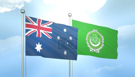 3D Flag of Australia and Arab League on Blue Sky with Sun Shine