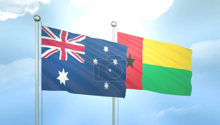 3D Flag of Australia and Guinea-Bissau on Blue Sky with Sun Shine