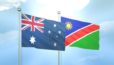 3D Flag of Australia and Namibia on Blue Sky with Sun Shine