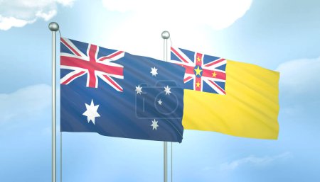 3D Flag of Australia and Niue on Blue Sky with Sun Shine