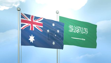3D Flag of Australia and Saudi Arabia on Blue Sky with Sun Shine