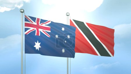 3D Flagge von Australien und Trinidad Tobago auf blauem Himmel mit Sonnenschein