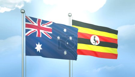3D Flag of Australia and Uganda on Blue Sky with Sun Shine